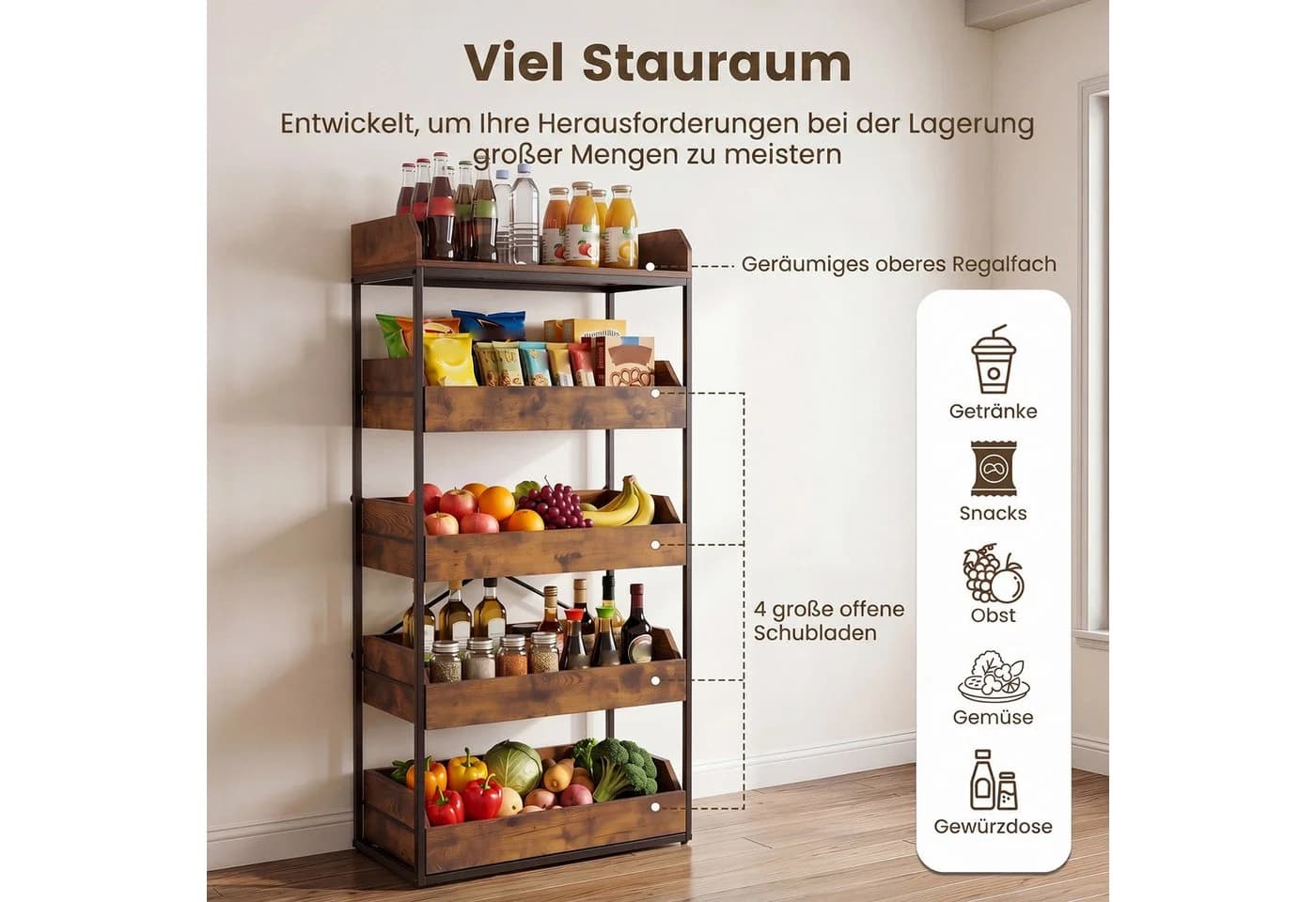 COSTWAY Küchenregal stehend mit 4 Schubladen, braun, Industrial-Design - Bild 3