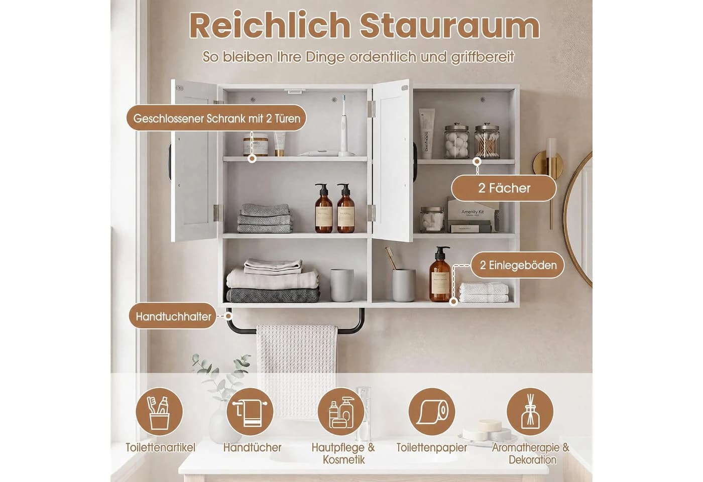 COSTWAY Hängeschrank Badezimmerschwarz/Weiß mit Handtuchhalter - Bild 3