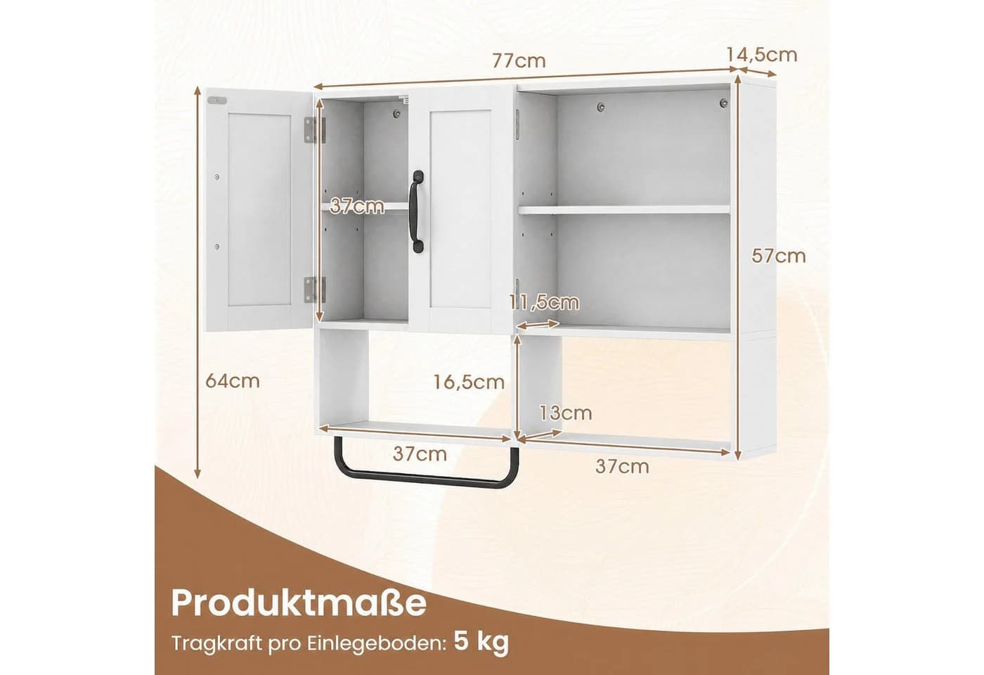 COSTWAY Hängeschrank Badezimmerschwarz/Weiß mit Handtuchhalter - Bild 5