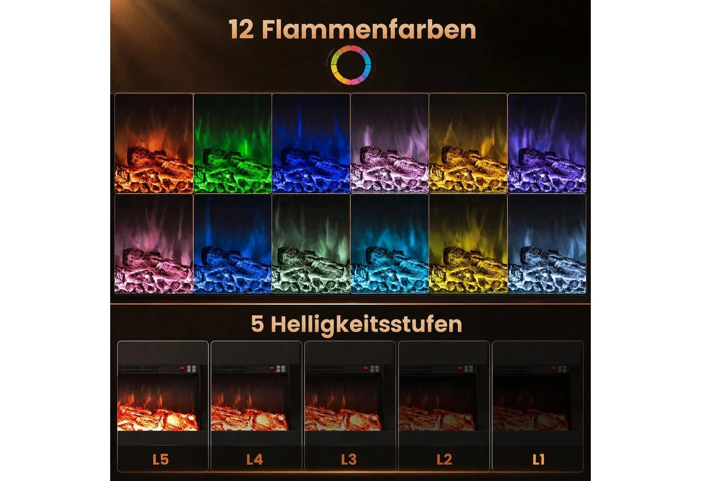 COSTWAY Elektrokamin Wandkamin mit LED-Seitenlichtern, 3D-Flammeneffekt Schwarz