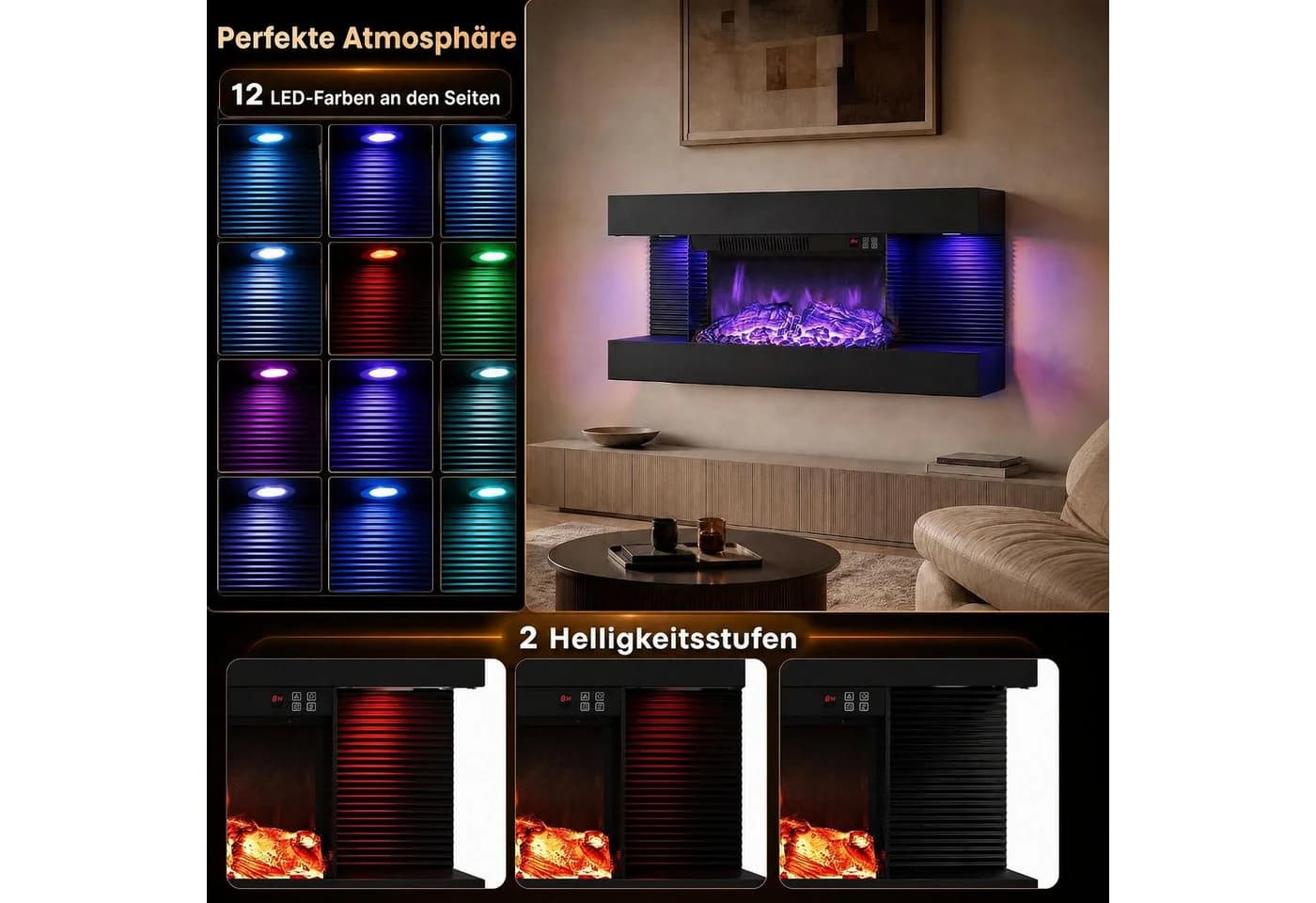 COSTWAY Elektrokamin Wandkamin mit LED-Seitenlichtern, 3D-Flammeneffekt Schwarz - Bild 3