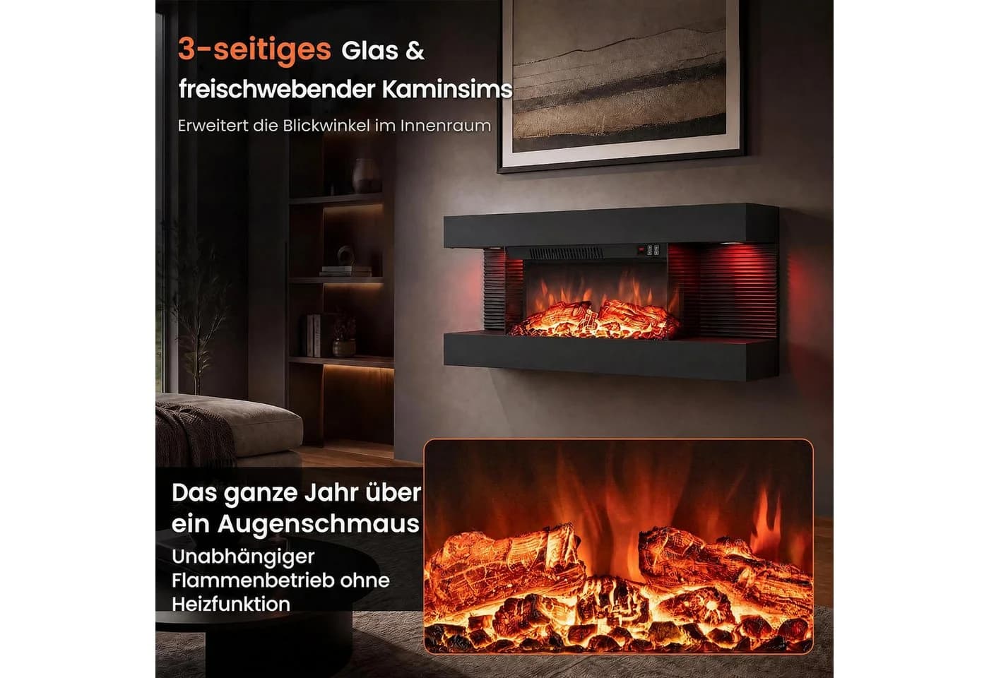COSTWAY Elektrokamin Wandkamin mit LED-Seitenlichtern, 3D-Flammeneffekt Schwarz - Bild 5