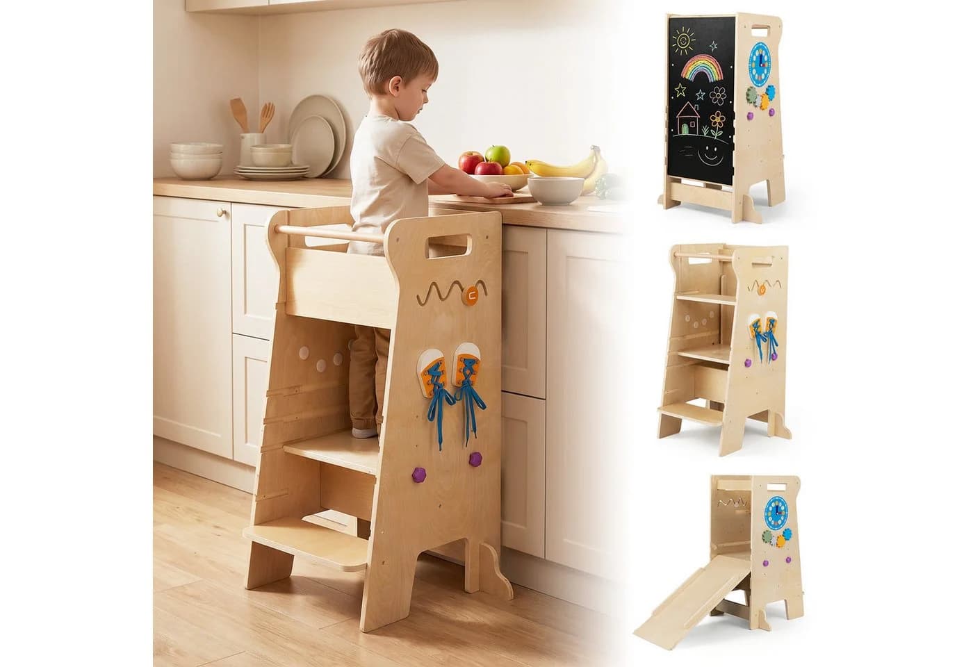 COSTWAY Lernturm 4in1 mit Rutsche & Tafel, Küchenturm höhenverstellbar