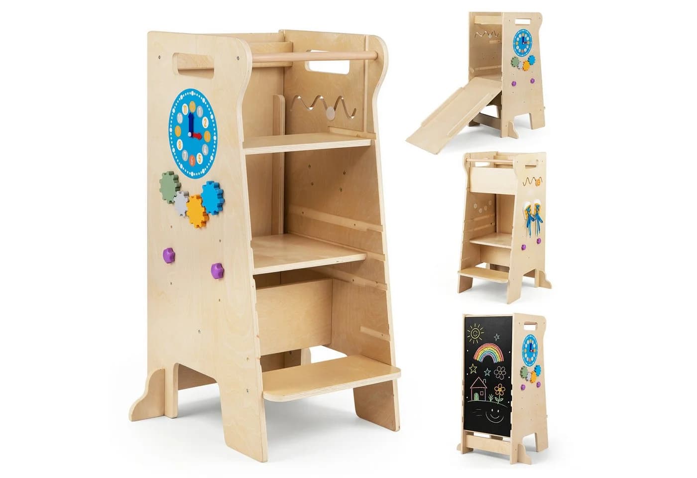 COSTWAY Lernturm 4in1 mit Rutsche & Tafel, Küchenturm höhenverstellbar - Bild 2