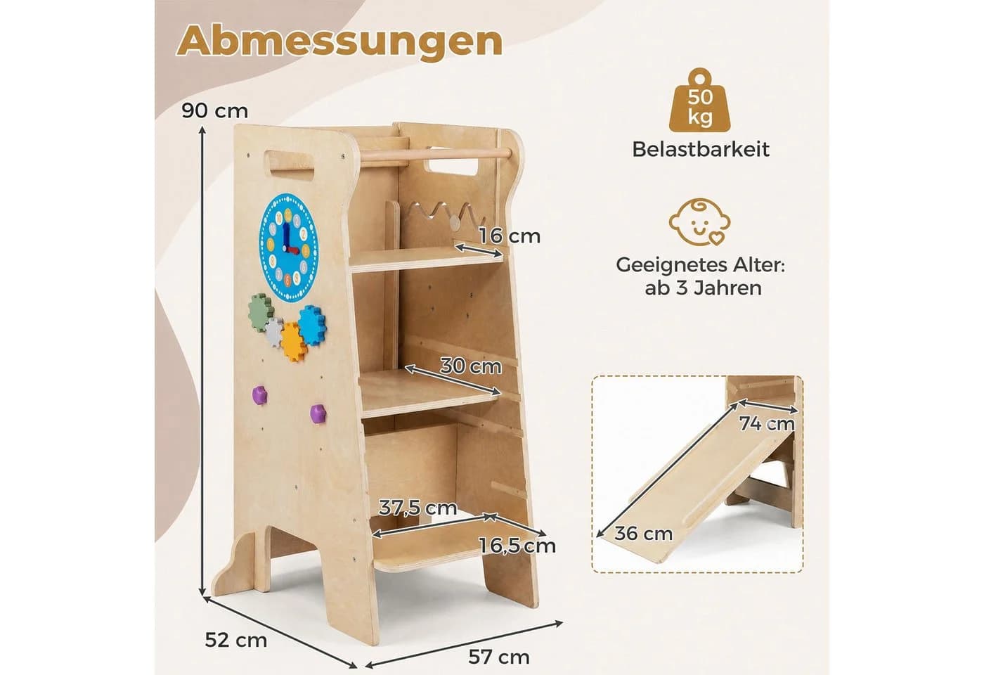 COSTWAY Lernturm 4in1 mit Rutsche & Tafel, Küchenturm höhenverstellbar - Bild 3