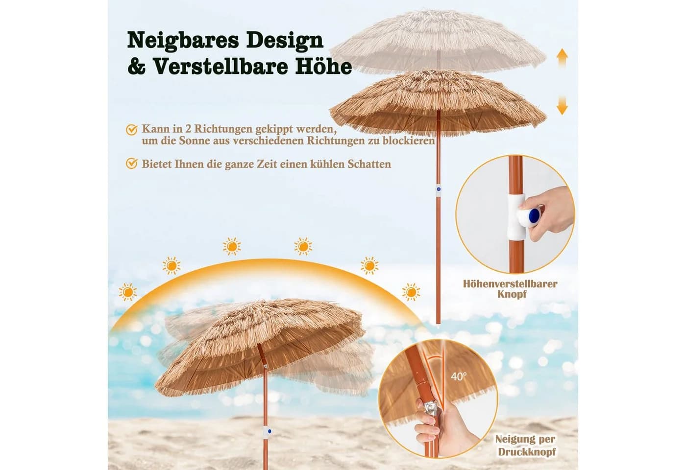 COSTWAY Hawaii Strandschirm 175cm Tropischer Sonnenschirm - Bild 3