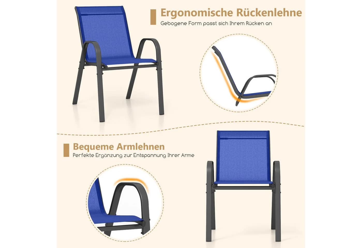 COSTWAY Gartenstuhl 2er-Set Blau Stapelbar mit Rückenlehne - Bild 5