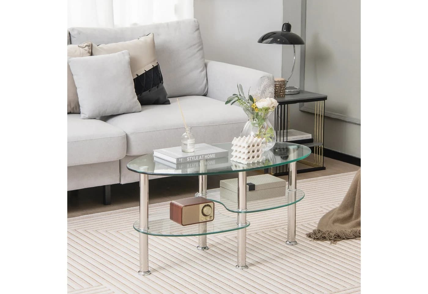 COSTWAY Couchtisch oval mit Stauraum Hartglas Metall