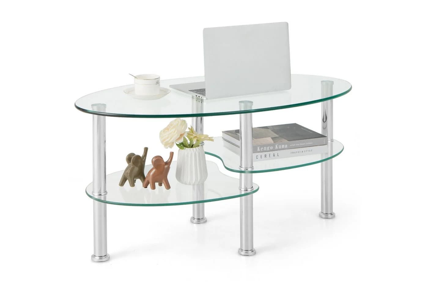 COSTWAY Couchtisch oval mit Stauraum Hartglas Metall - Bild 2