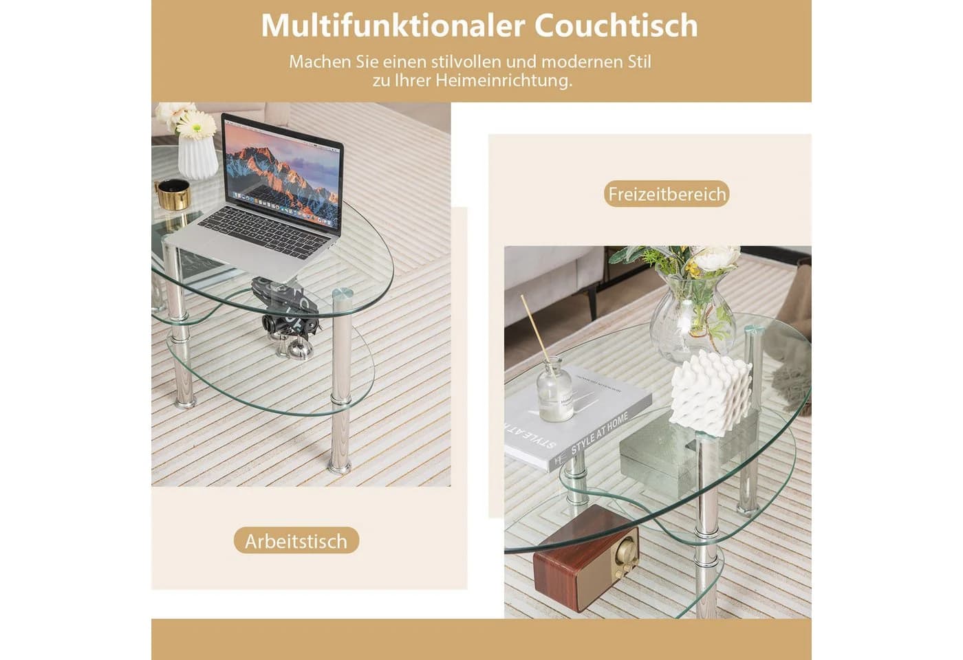 COSTWAY Couchtisch oval mit Stauraum Hartglas Metall - Bild 3