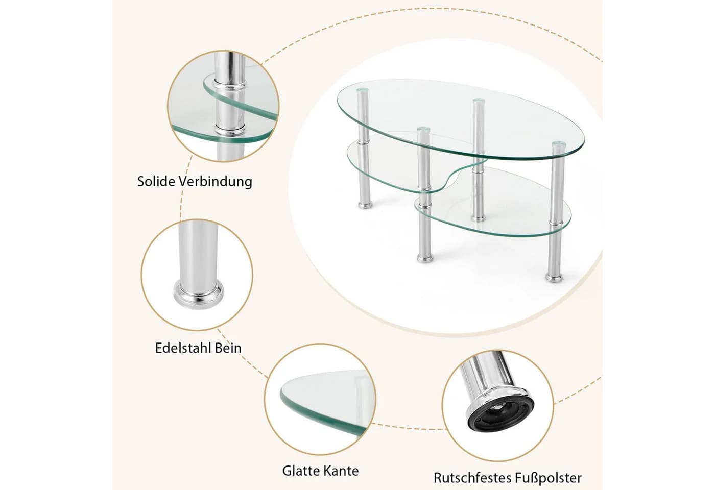 COSTWAY Couchtisch oval mit Stauraum Hartglas Metall - Bild 4