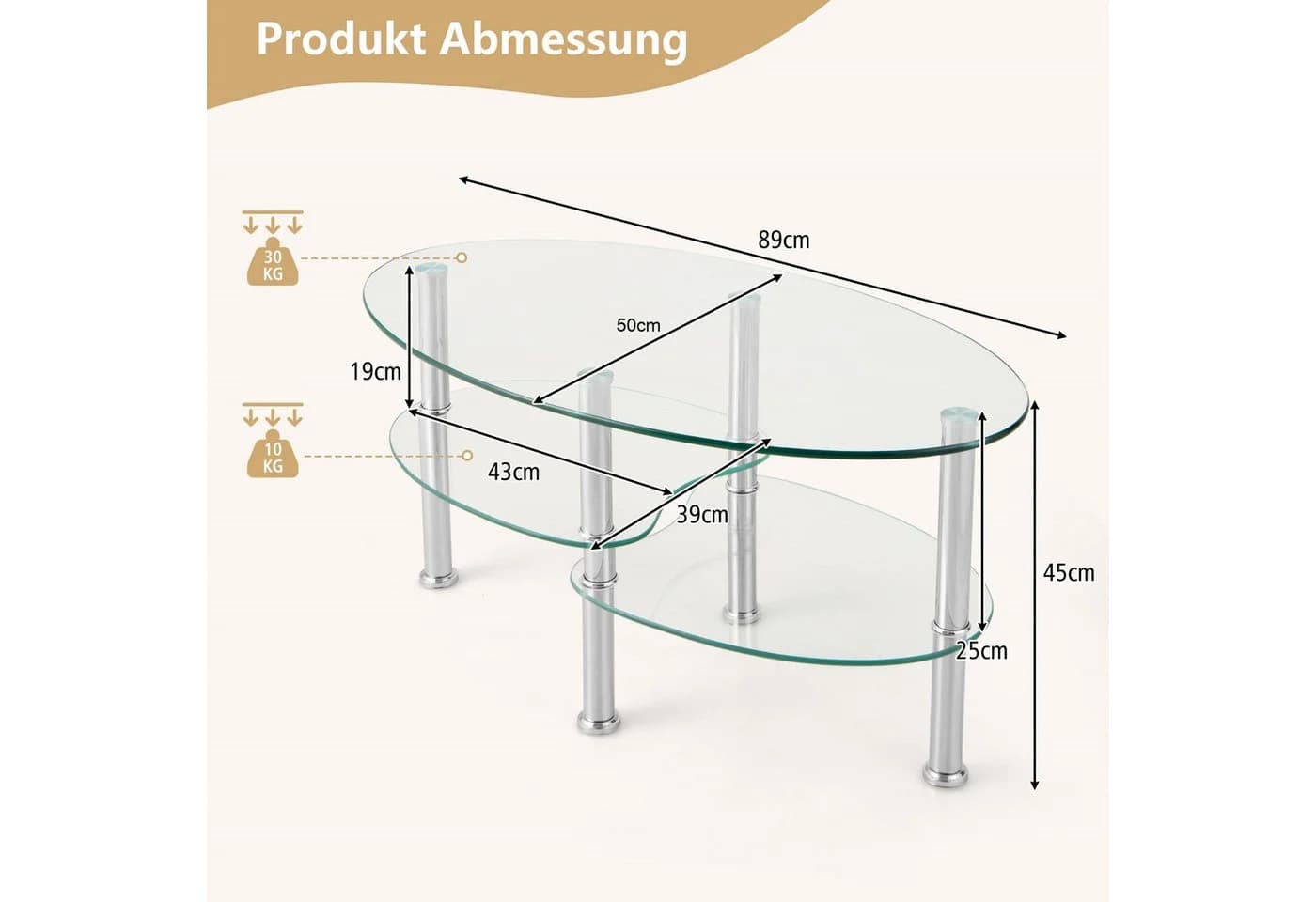 COSTWAY Couchtisch oval mit Stauraum Hartglas Metall - Bild 5