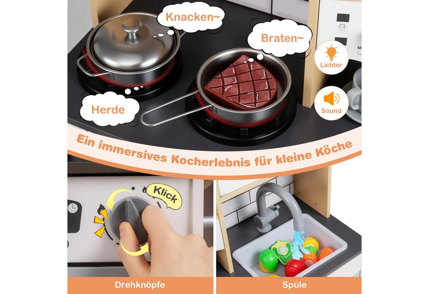 COSTWAY Spielküche MDF mit Dunstabzugshaube, Eismaschine, Mikrowelle & Ofen