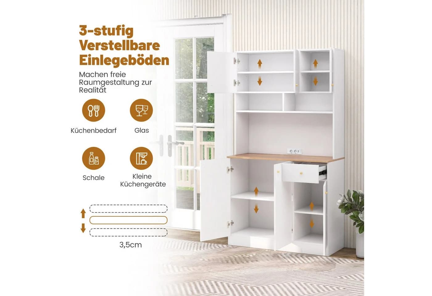 COSTWAY Küchenbuffet mit Steckdosen und Arbeitsplatte Weiß - Bild 3