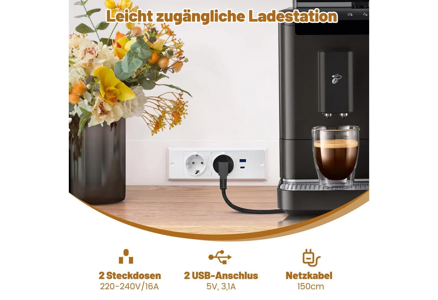 COSTWAY Küchenbuffet mit Steckdosen und Arbeitsplatte Weiß - Bild 4