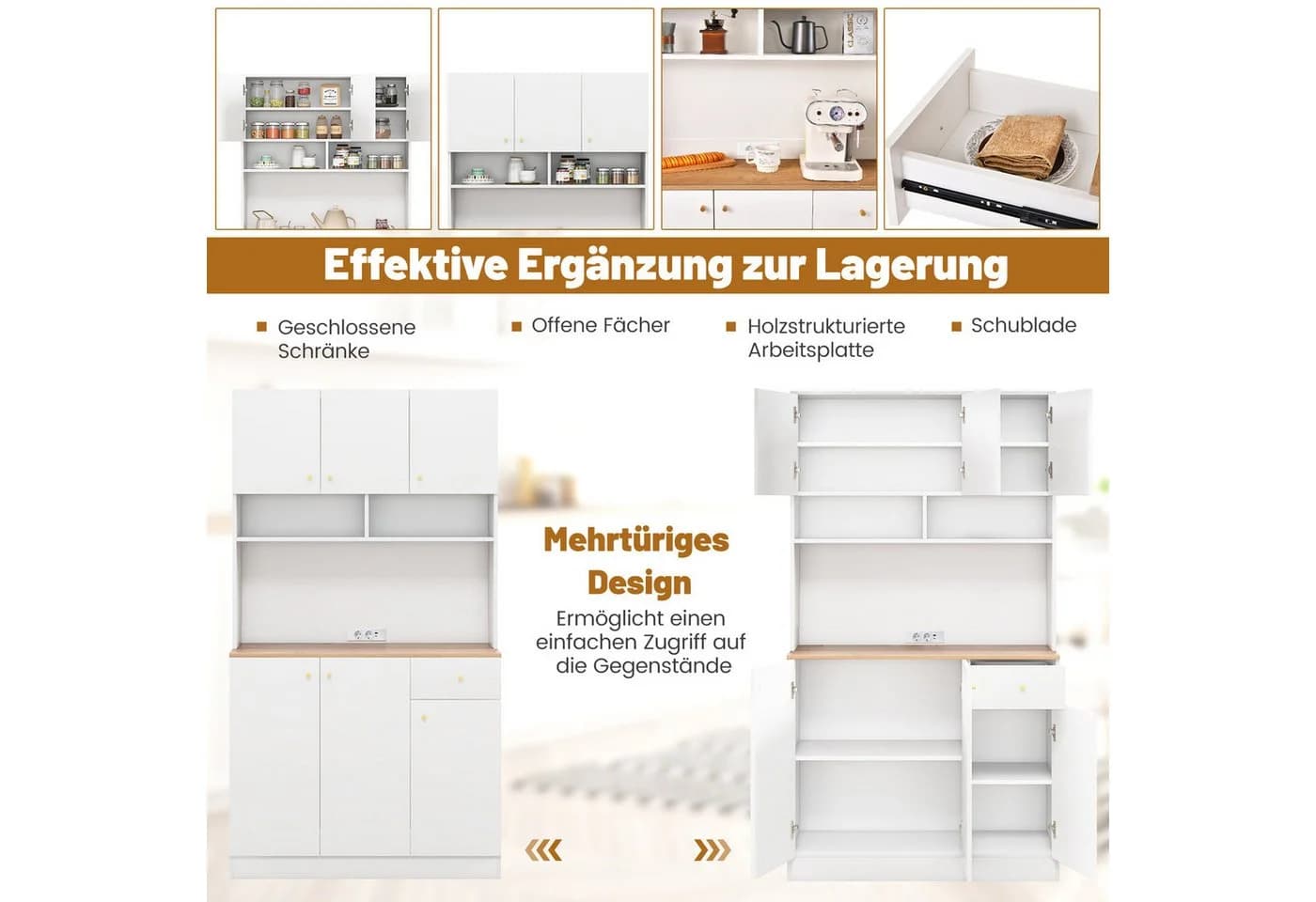 COSTWAY Küchenbuffet mit Steckdosen und Arbeitsplatte Weiß - Bild 5