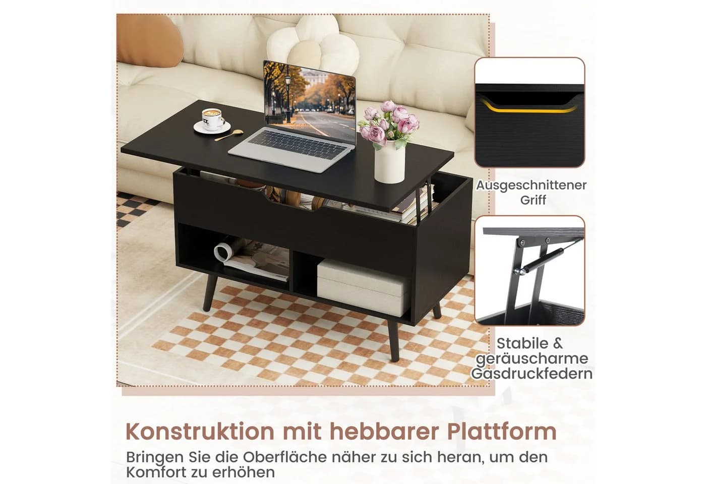 COSTWAY Couchtisch höhenverstellbar mit Gasdruckmechanismus - Bild 4