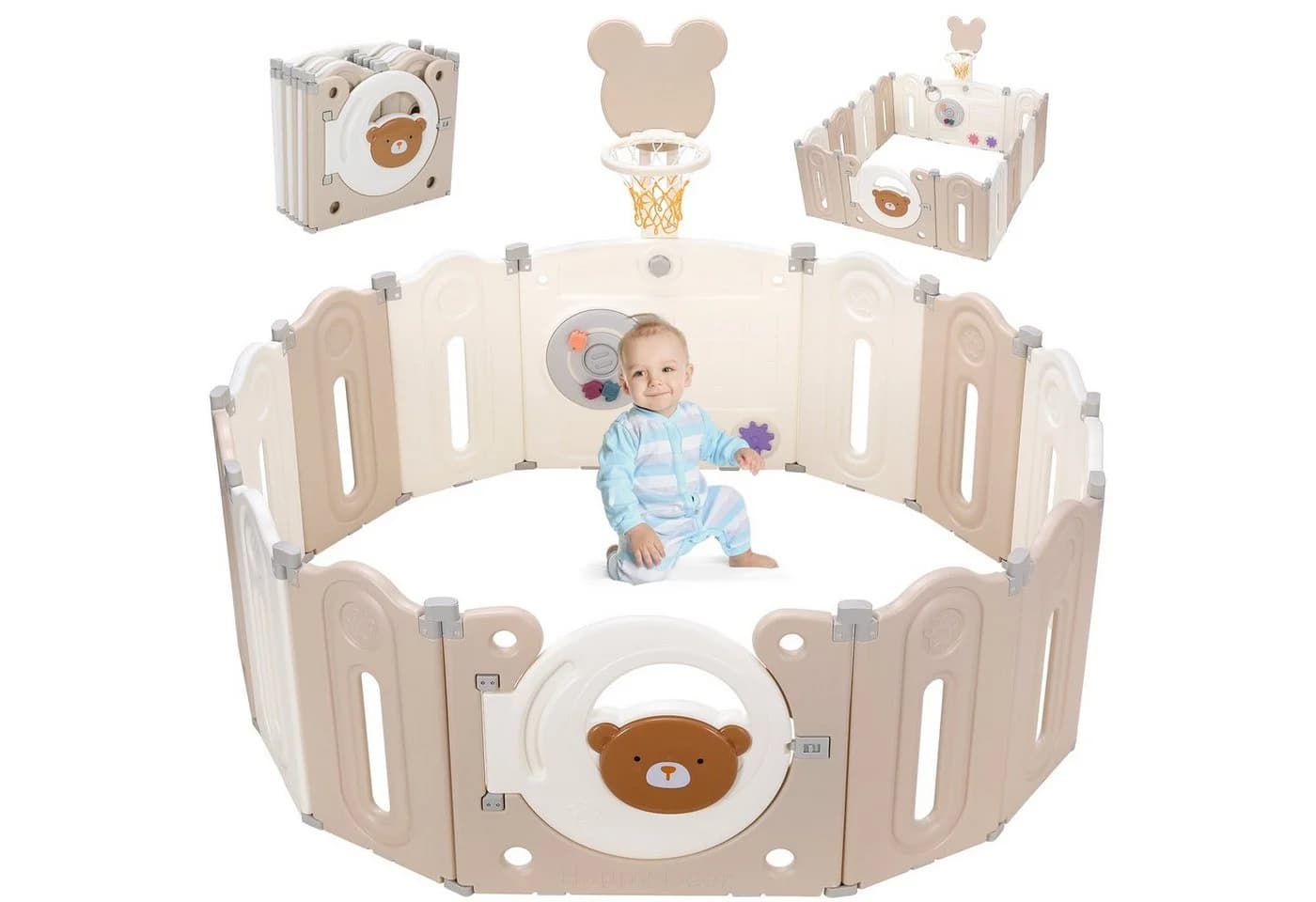 TLGREEN Laufgitter Baby Laufstall XXL 143x143x64cm Faltbar Krabbelgitter Basketballkorb Spielpanel - Bild 2