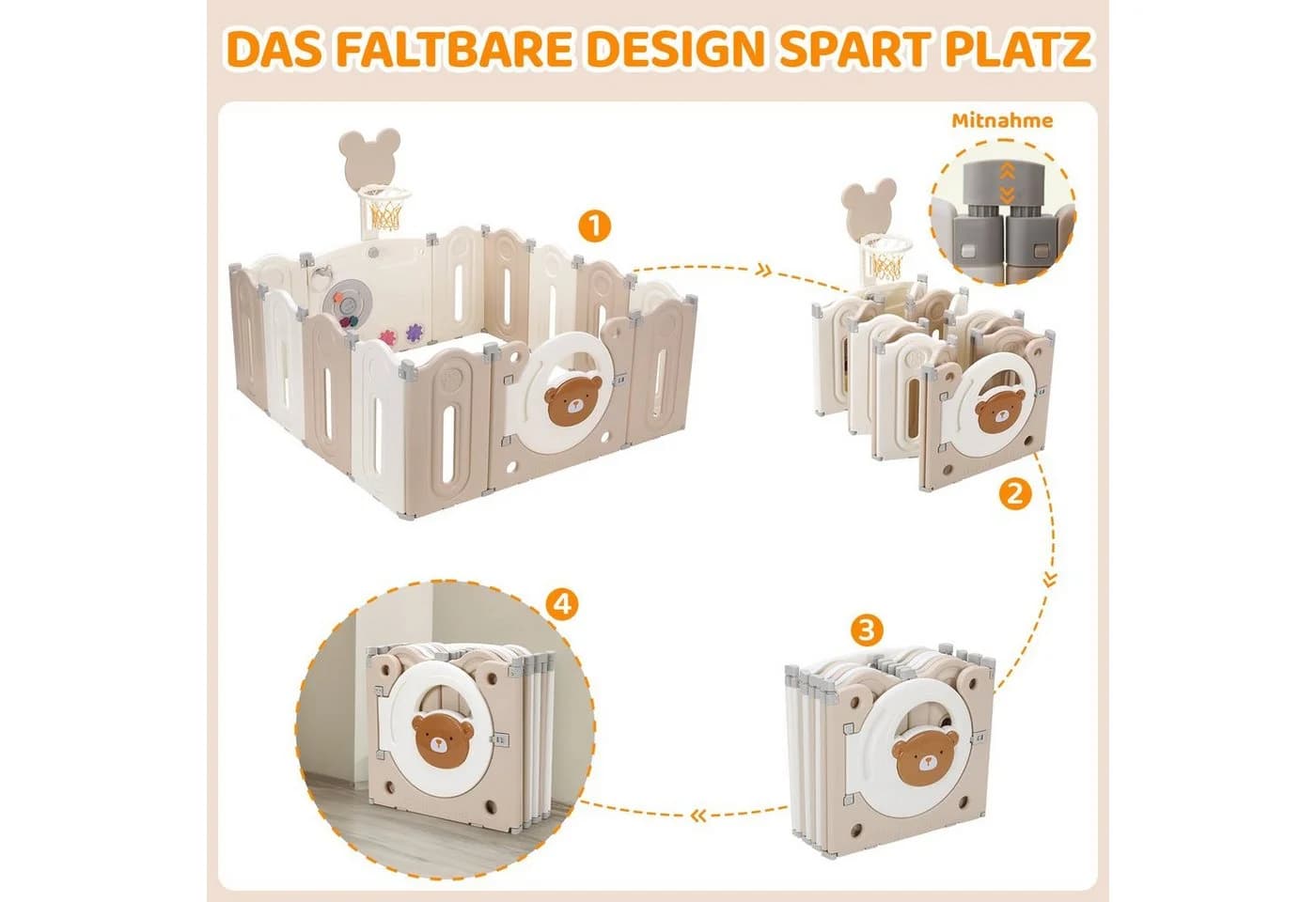 TLGREEN Laufgitter Baby Laufstall XXL 143x143x64cm Faltbar Krabbelgitter Basketballkorb Spielpanel - Bild 5