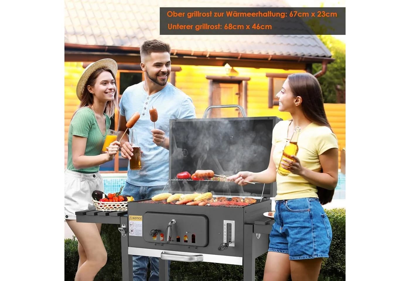TLGREEN Holzkohlegrill Standgrill Grau mit Rädern und Thermometer