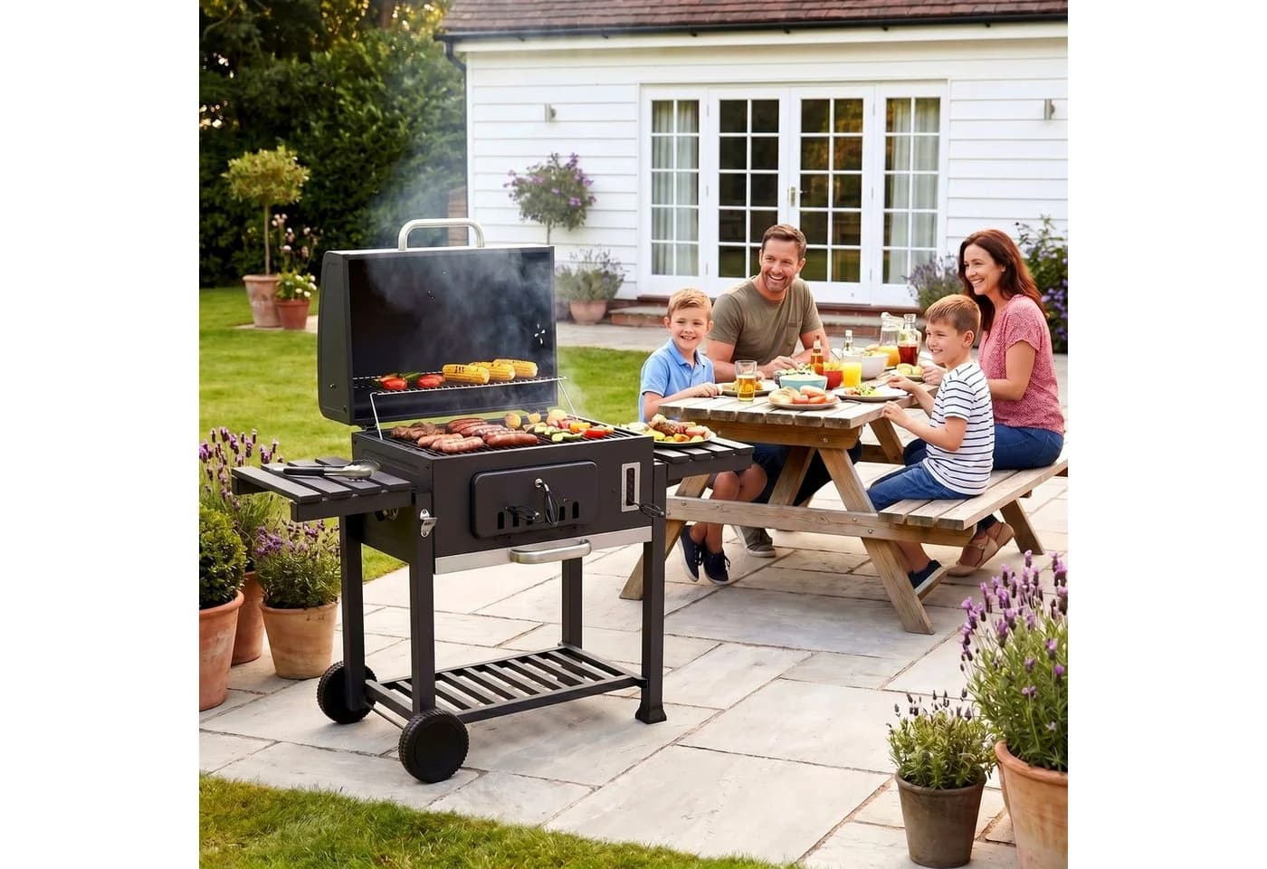 TLGREEN Holzkohlegrill Standgrill Grau mit Rädern und Thermometer - Bild 2