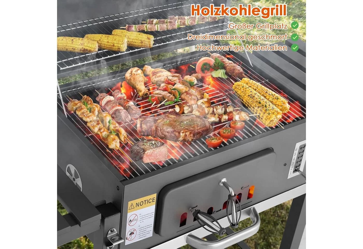 TLGREEN Holzkohlegrill Standgrill Grau mit Rädern und Thermometer - Bild 3