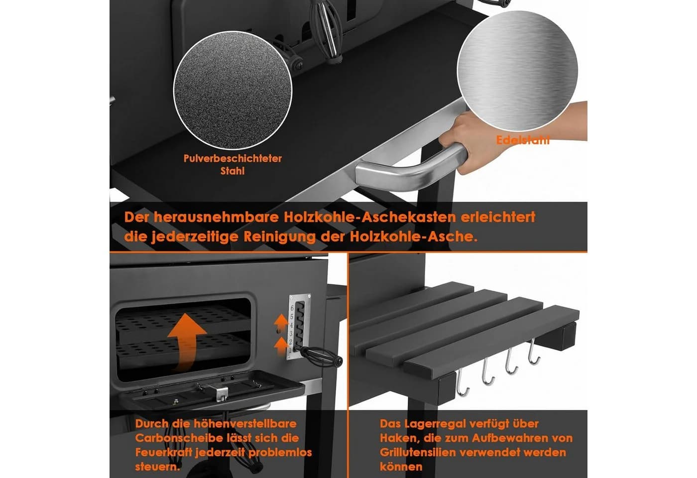 TLGREEN Holzkohlegrill Standgrill Grau mit Rädern und Thermometer - Bild 5