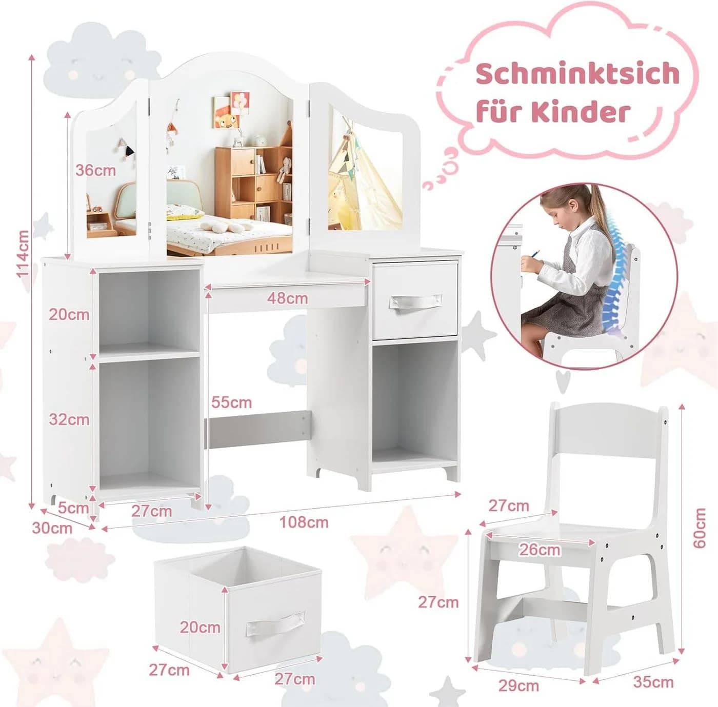TLGREEN Schminktisch 2 in 1 Rosa-Weiß Kiefernholz 108x30x114 cm - Bild 3