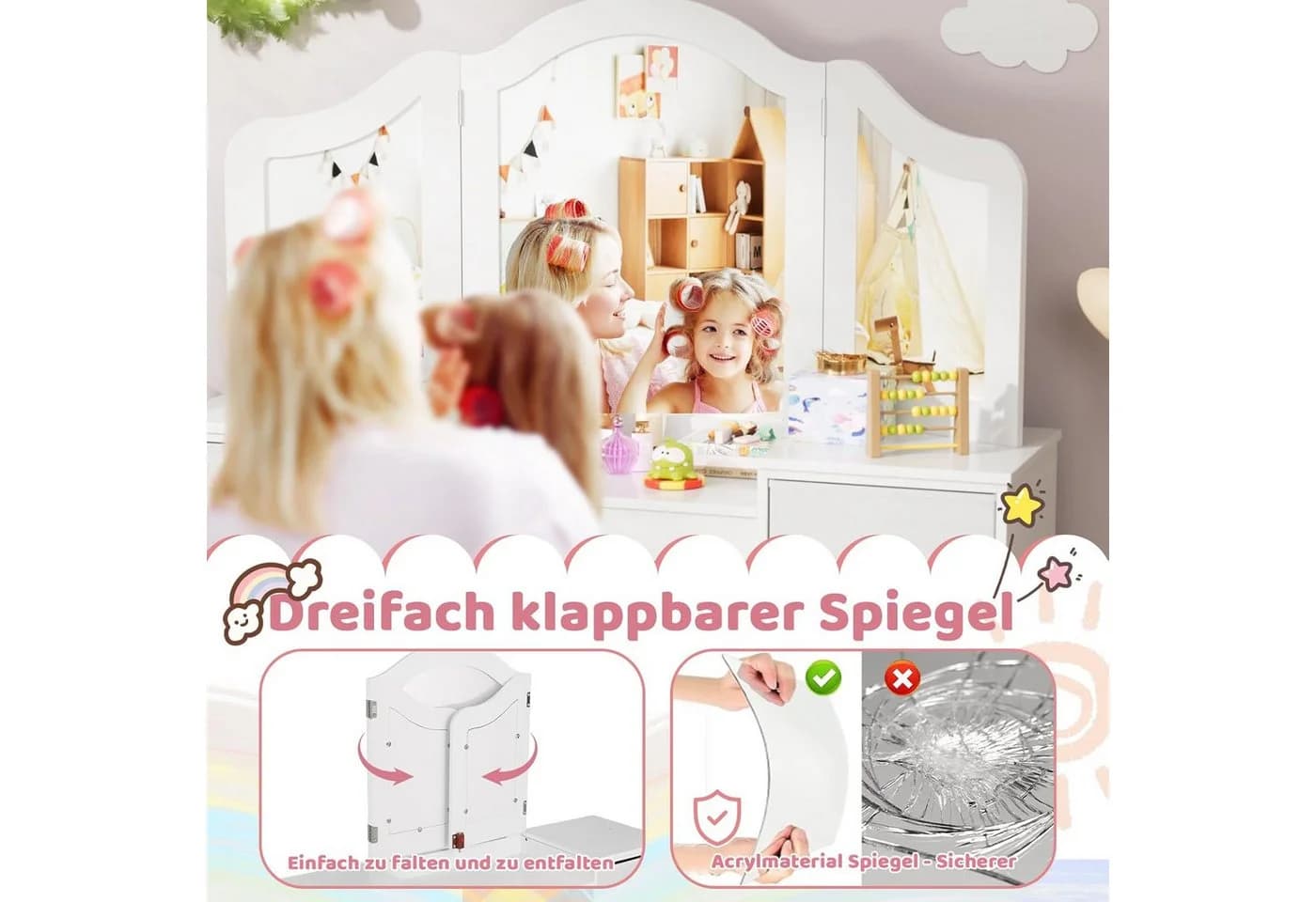 TLGREEN Schminktisch 2 in 1 Rosa-Weiß Kiefernholz 108x30x114 cm - Bild 4