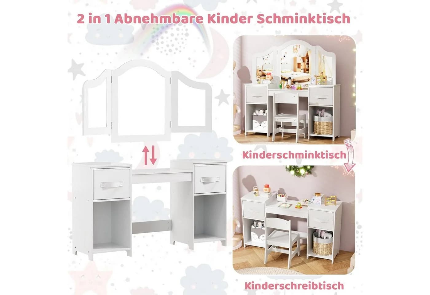 TLGREEN Schminktisch 2 in 1 Rosa-Weiß Kiefernholz 108x30x114 cm - Bild 5