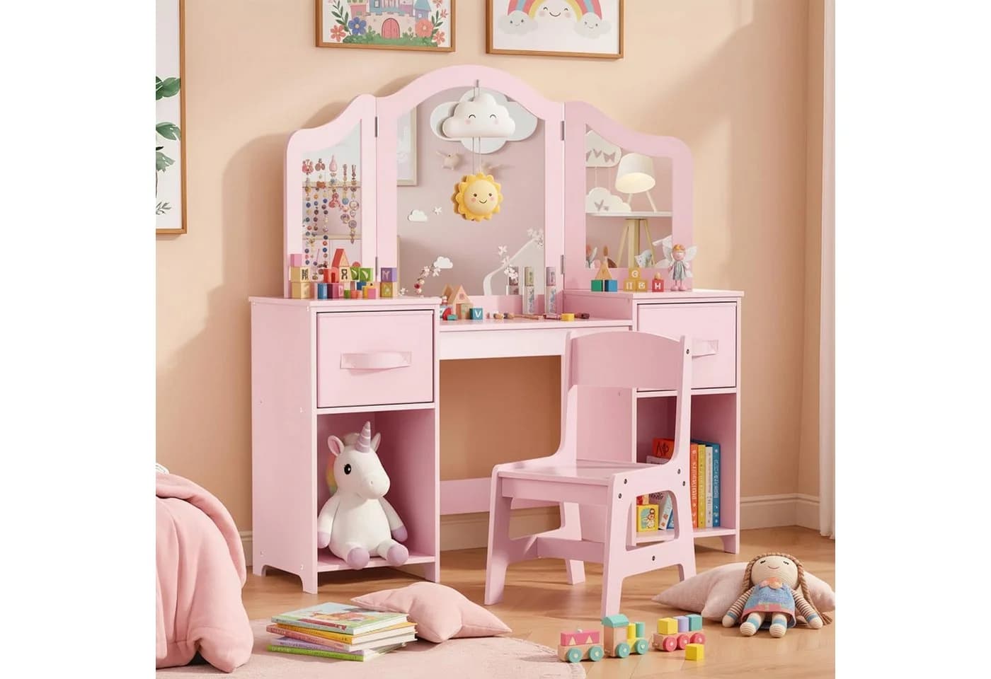 TLGREEN Schminktisch Kinderschminktisch 2 in 1 Rosa 108x30x114 cm - Bild 2