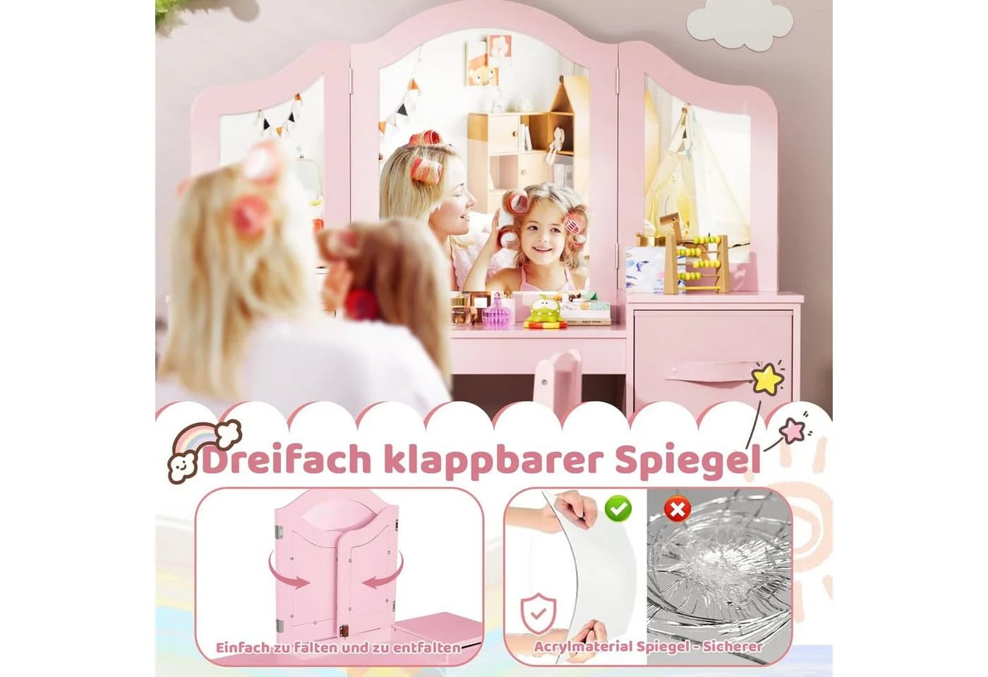 TLGREEN Schminktisch Kinderschminktisch 2 in 1 Rosa 108x30x114 cm - Bild 4