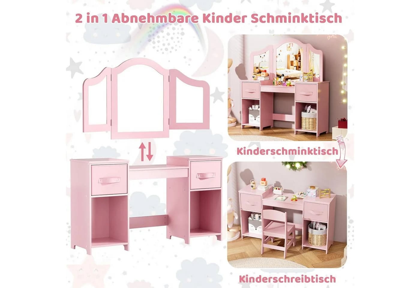 TLGREEN Schminktisch Kinderschminktisch 2 in 1 Rosa 108x30x114 cm - Bild 5