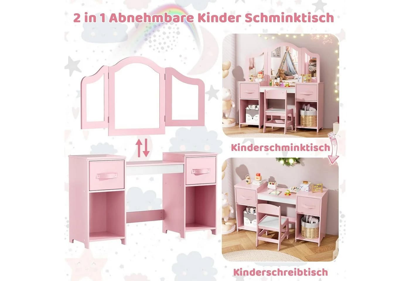 TLGREEN Kinderschminktisch 2 in 1 Rosa-Weiß 108x30x114 cm - Bild 5
