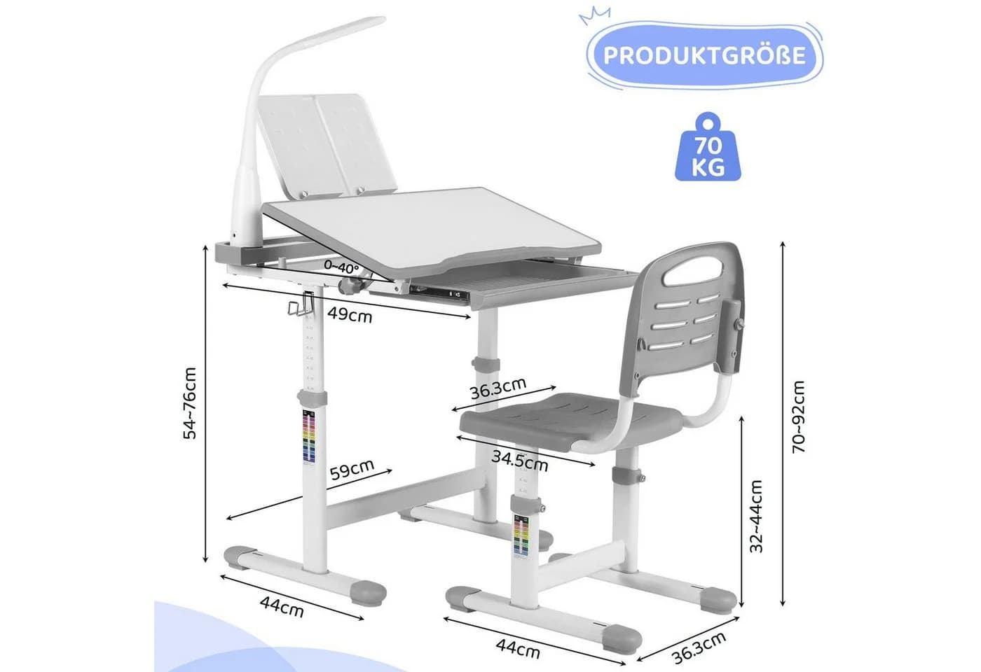 TLGREEN Kinderschreibtisch Höhenverstellbar 54-76 cm mit Lampe und neigbarer Tischplatte - Bild 5