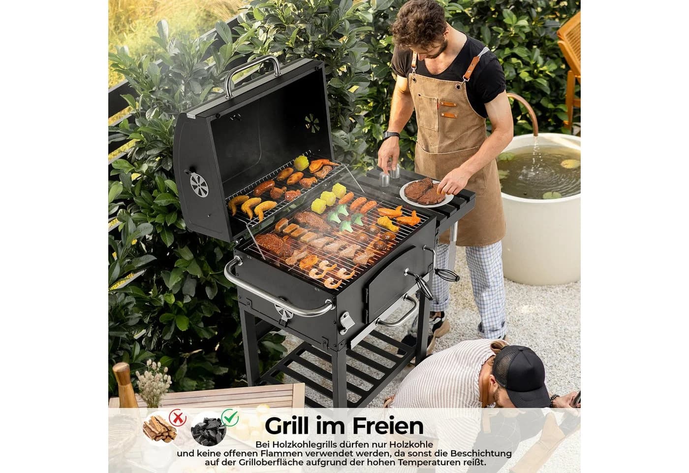 TLGREEN Holzkohlegrill mit Deckel, Grillwagen XL, höhenverstellbar, grau/schwarz