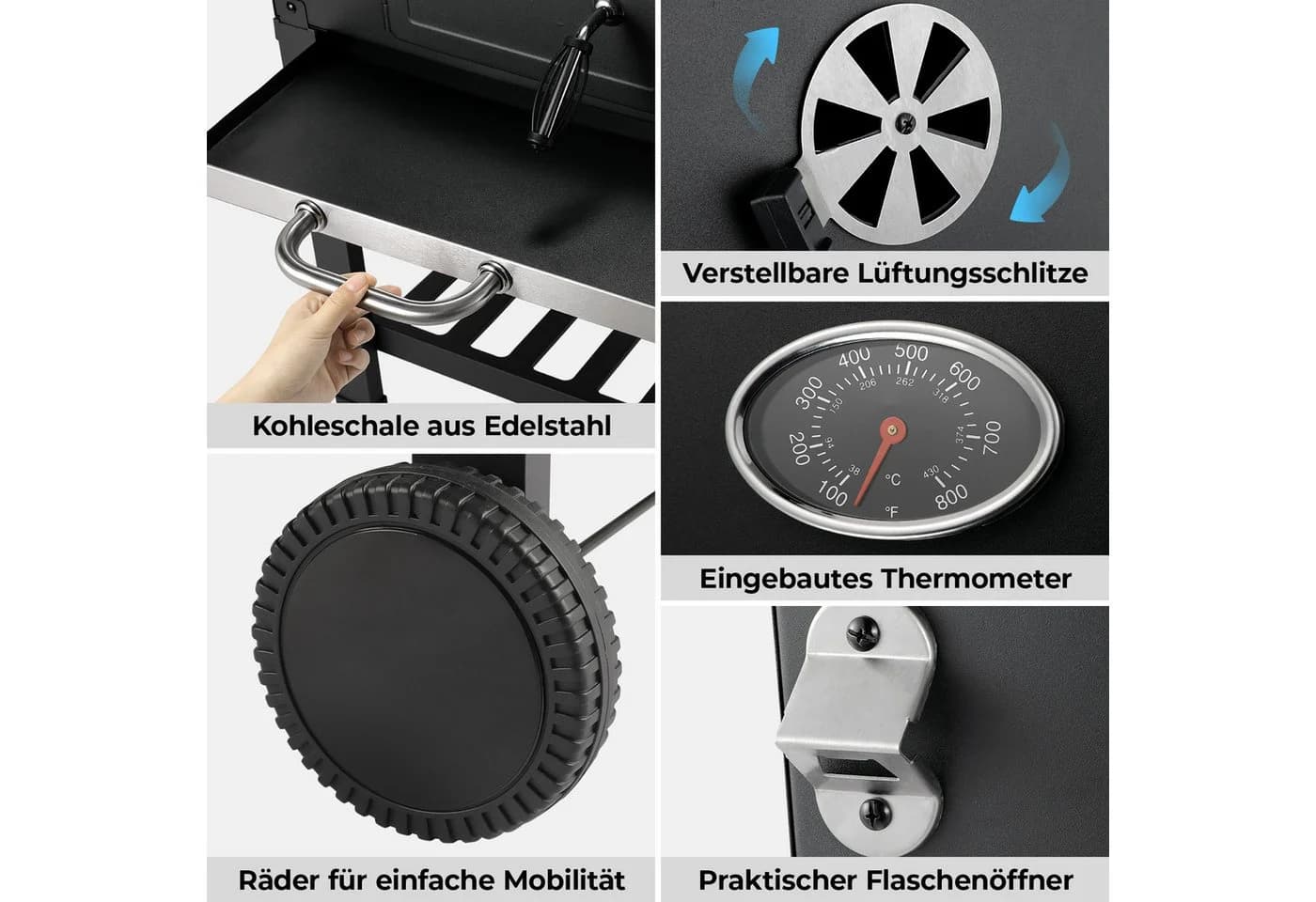 TLGREEN Holzkohlegrill mit Deckel, Grillwagen XL, höhenverstellbar, grau/schwarz - Bild 3
