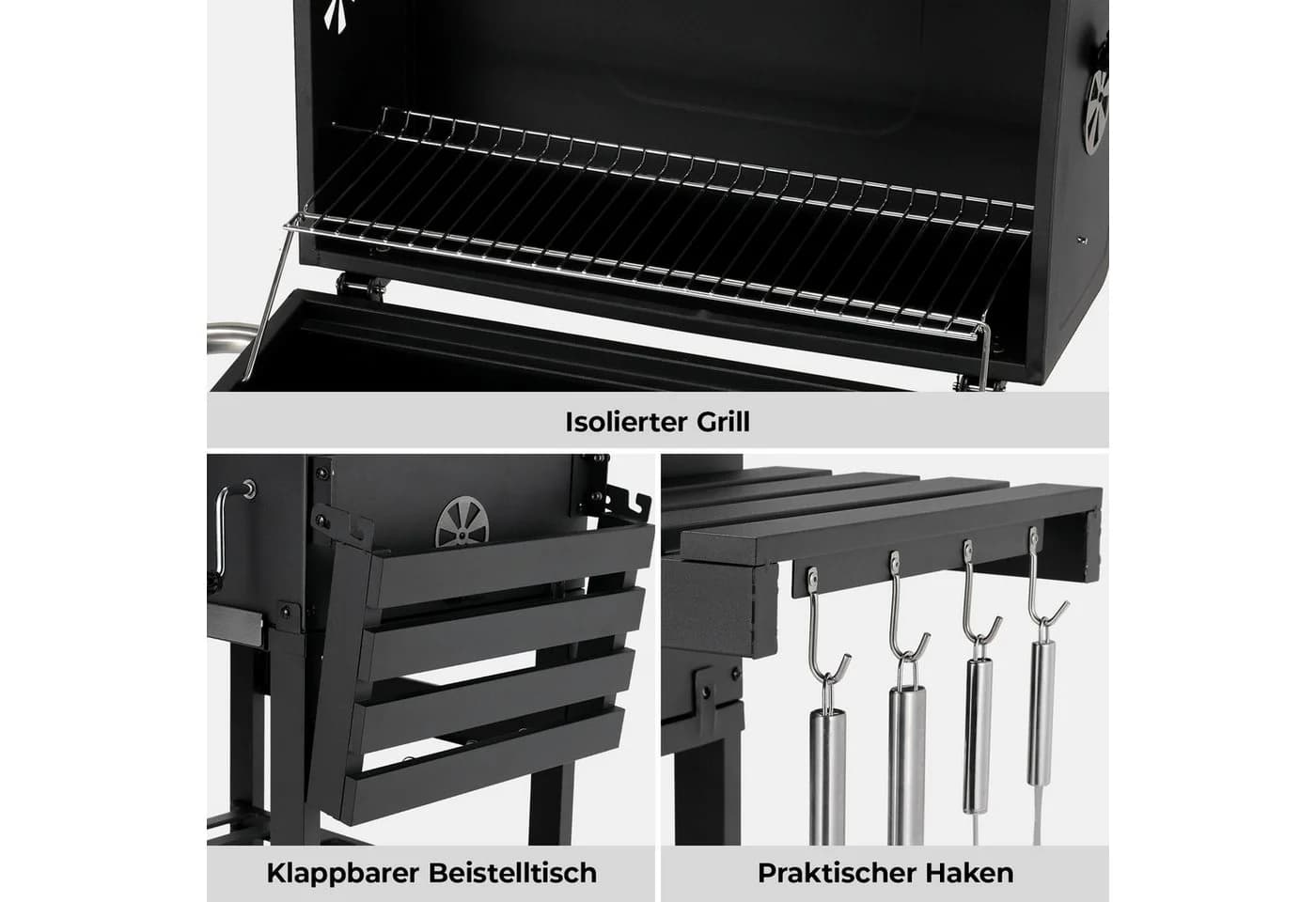 TLGREEN Holzkohlegrill mit Deckel, Grillwagen XL, höhenverstellbar, grau/schwarz - Bild 4