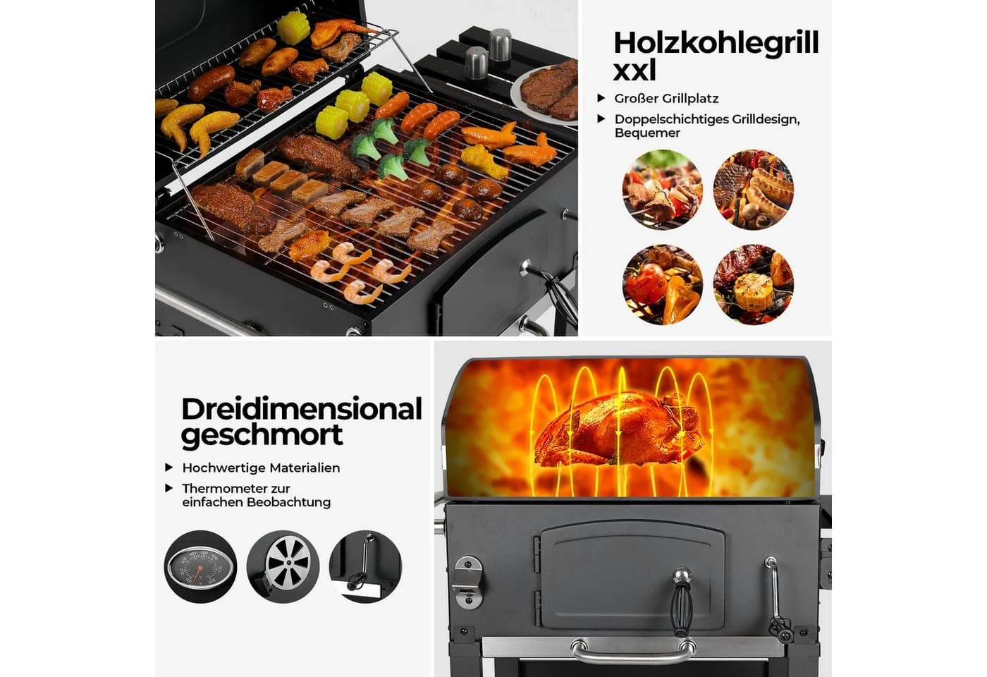 TLGREEN Holzkohlegrill mit Deckel, Grillwagen XL, höhenverstellbar, grau/schwarz - Bild 5
