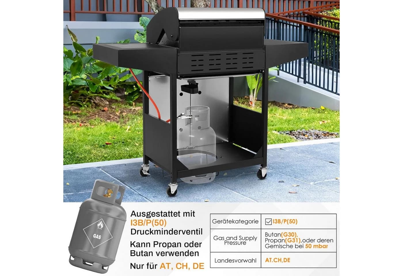 TLGREEN Gasgrill 3+1 Edelstahl Brenner 13,5 kW mit Seitenkochfeld