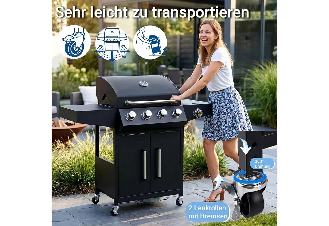 TLGREEN Gasgrill 4+1 Brenner 15 kW mit Seitenkochfeld Schwarz