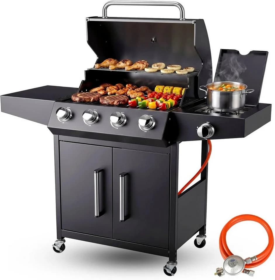 TLGREEN Gasgrill 4+1 Brenner 15 kW mit Seitenkochfeld Schwarz - Bild 2