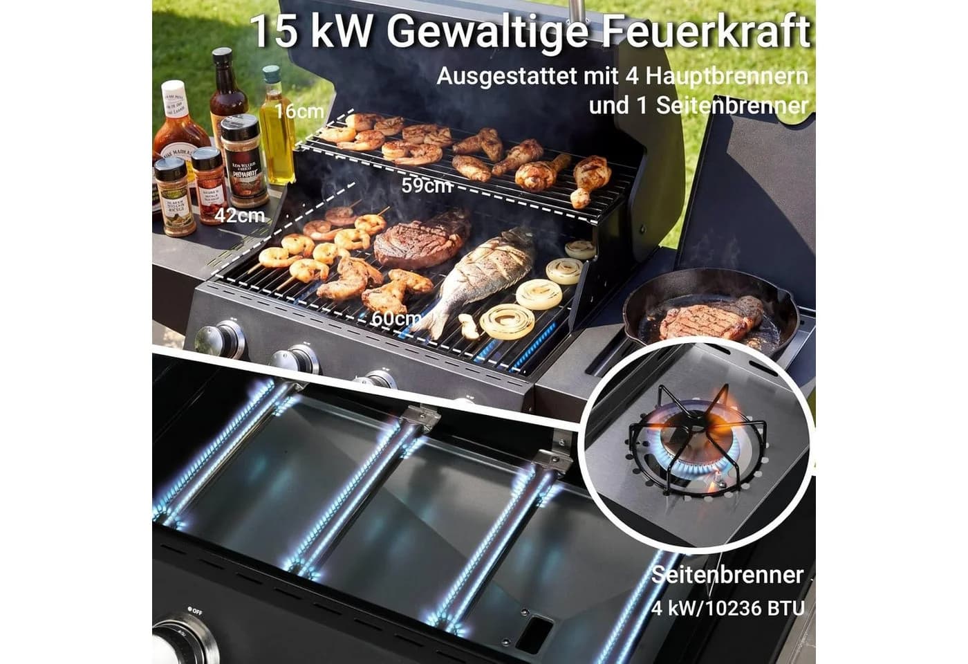 TLGREEN Gasgrill 4+1 Brenner 15 kW mit Seitenkochfeld Schwarz - Bild 5