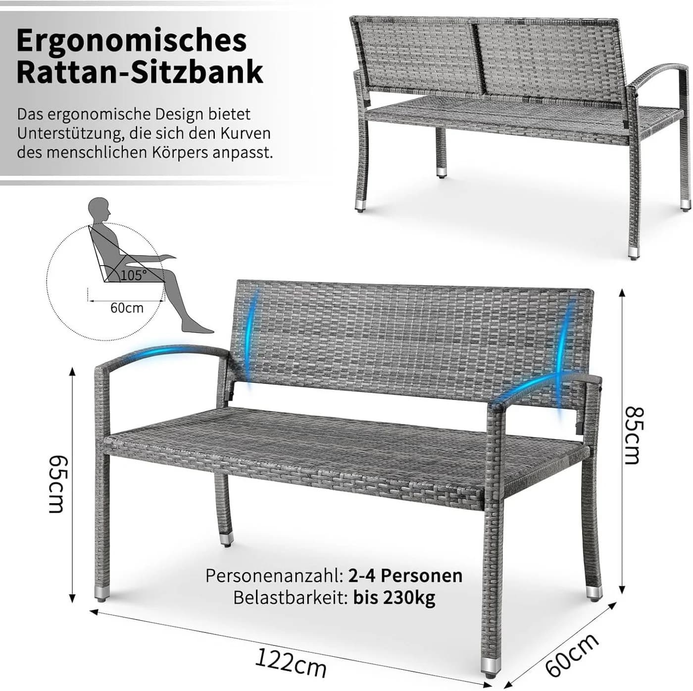 TLGREEN Gartenbank Polyrattan Sitzbank Wetterfest 2-Sitzer Grau