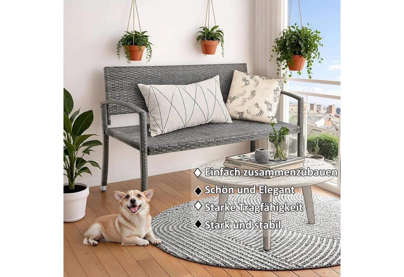 TLGREEN Gartenbank Polyrattan Sitzbank Wetterfest 2-Sitzer Grau - Bild 3