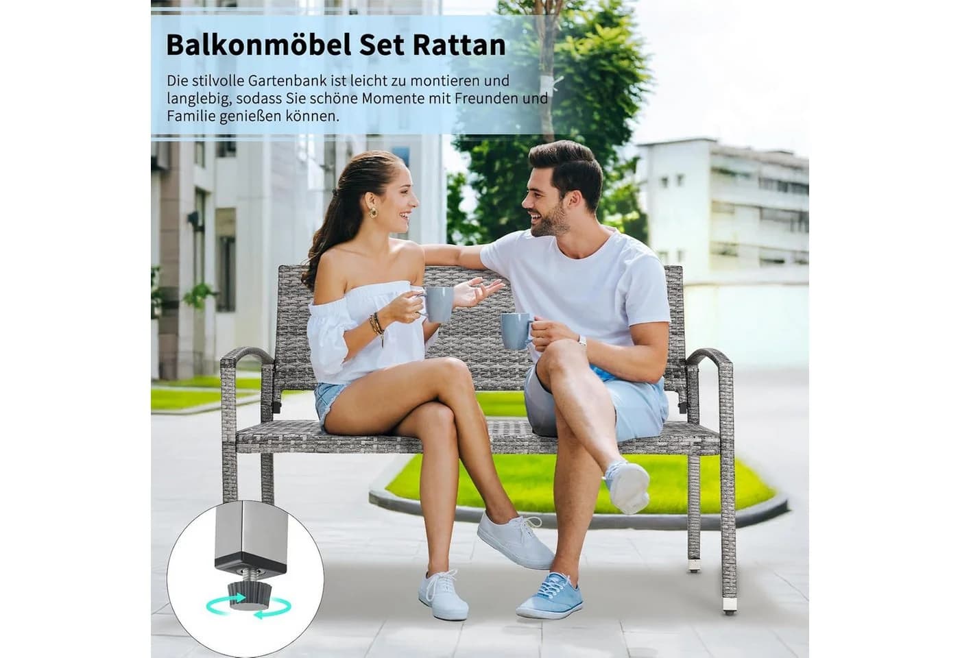 TLGREEN Gartenbank Polyrattan Sitzbank Wetterfest 2-Sitzer Grau - Bild 4