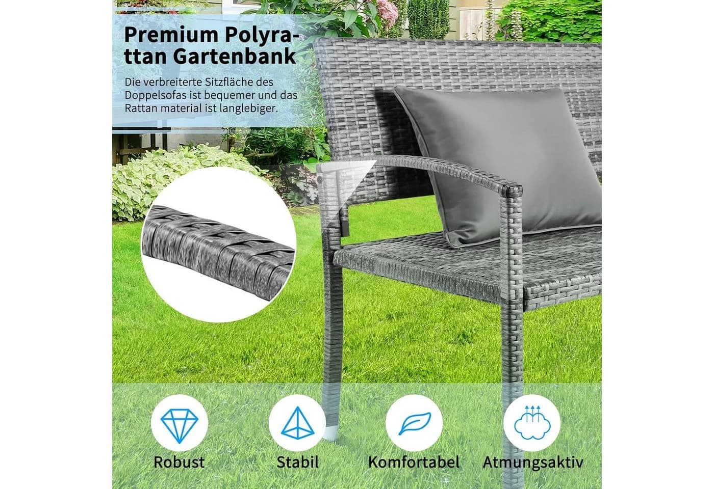 TLGREEN Gartenbank Polyrattan Sitzbank Wetterfest 2-Sitzer Grau - Bild 5