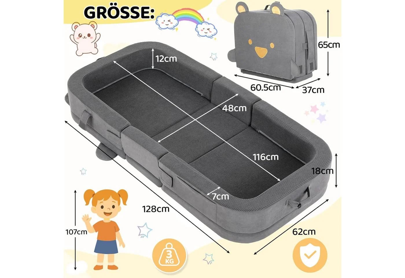 TLGREEN Kindersofa Tragbares Faltbares Kinder Sofa, Weiches Kinder Liegsofa mit Hochdichtschaumstoff, Maschinenwaschbarer Bezug & Taschen, Ideal für Wohnzimmer Camping Reise - Bild 3