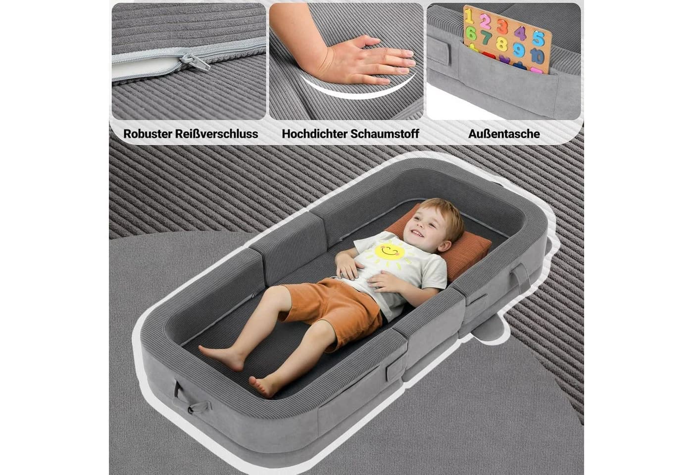 TLGREEN Kindersofa Tragbares Faltbares Kinder Sofa, Weiches Kinder Liegsofa mit Hochdichtschaumstoff, Maschinenwaschbarer Bezug & Taschen, Ideal für Wohnzimmer Camping Reise - Bild 4