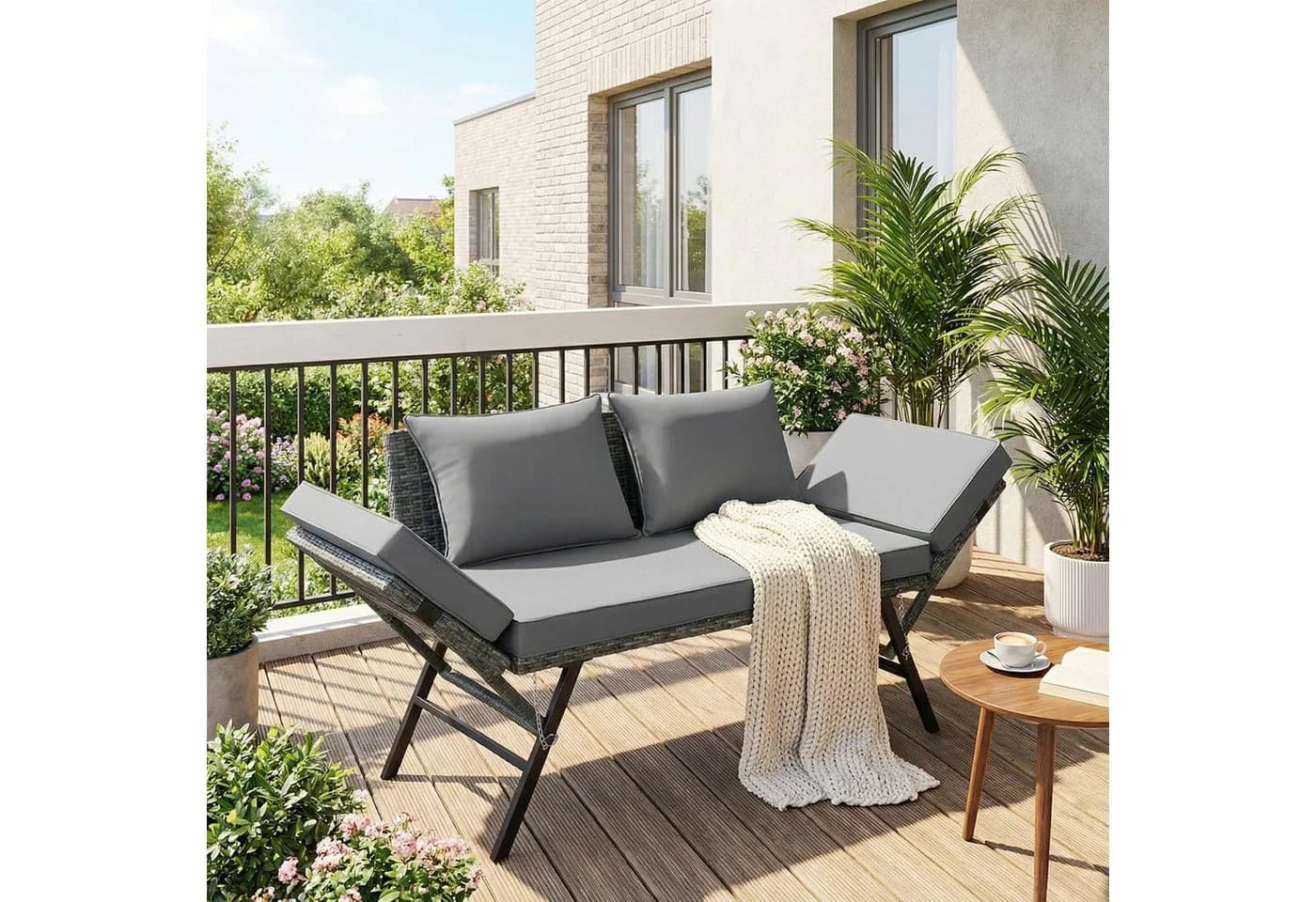 TLGREEN Gartenbank mit Liegefunktion, Wetterfest UV-beständig Rattan Gartensofa 2 Personen Grau/Beige